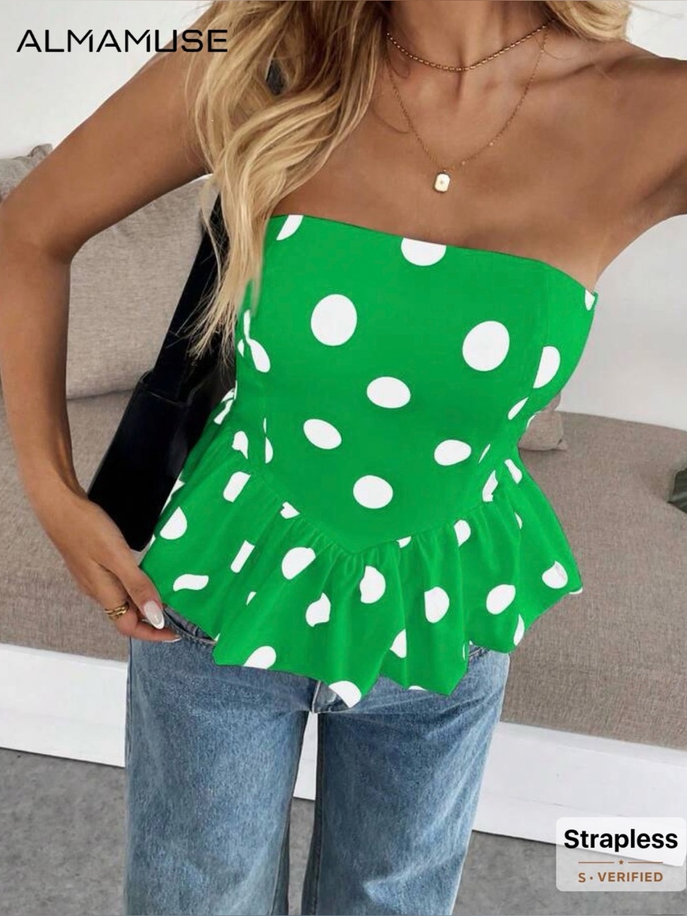 NWOT Women’s SHEIN Strapless Peplum Tank Green White Polka Dots Bandeau XL